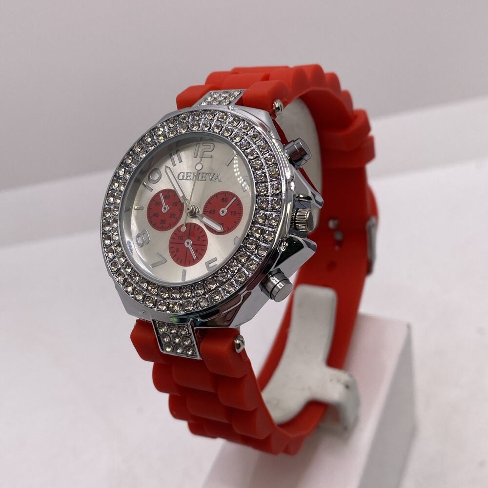 Geneva Womens Red Rubber Wrist Wrap Watch Quartz New Battery - Picture 2 of 6